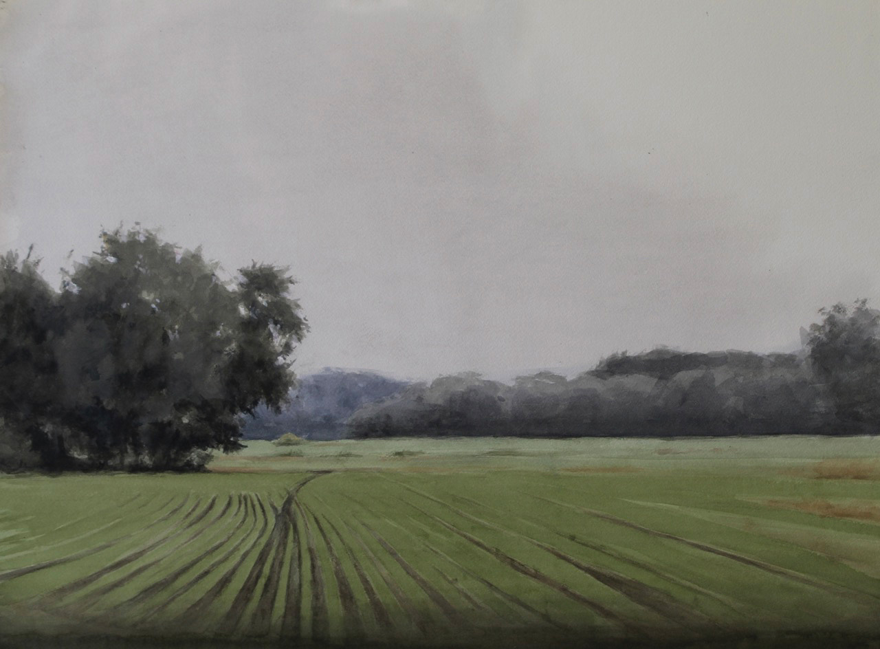 Mo Myra, "Heavy Skies Over Humming Fields," 2024, watercolor, 18 x 24 in., Available from artist, Plein air