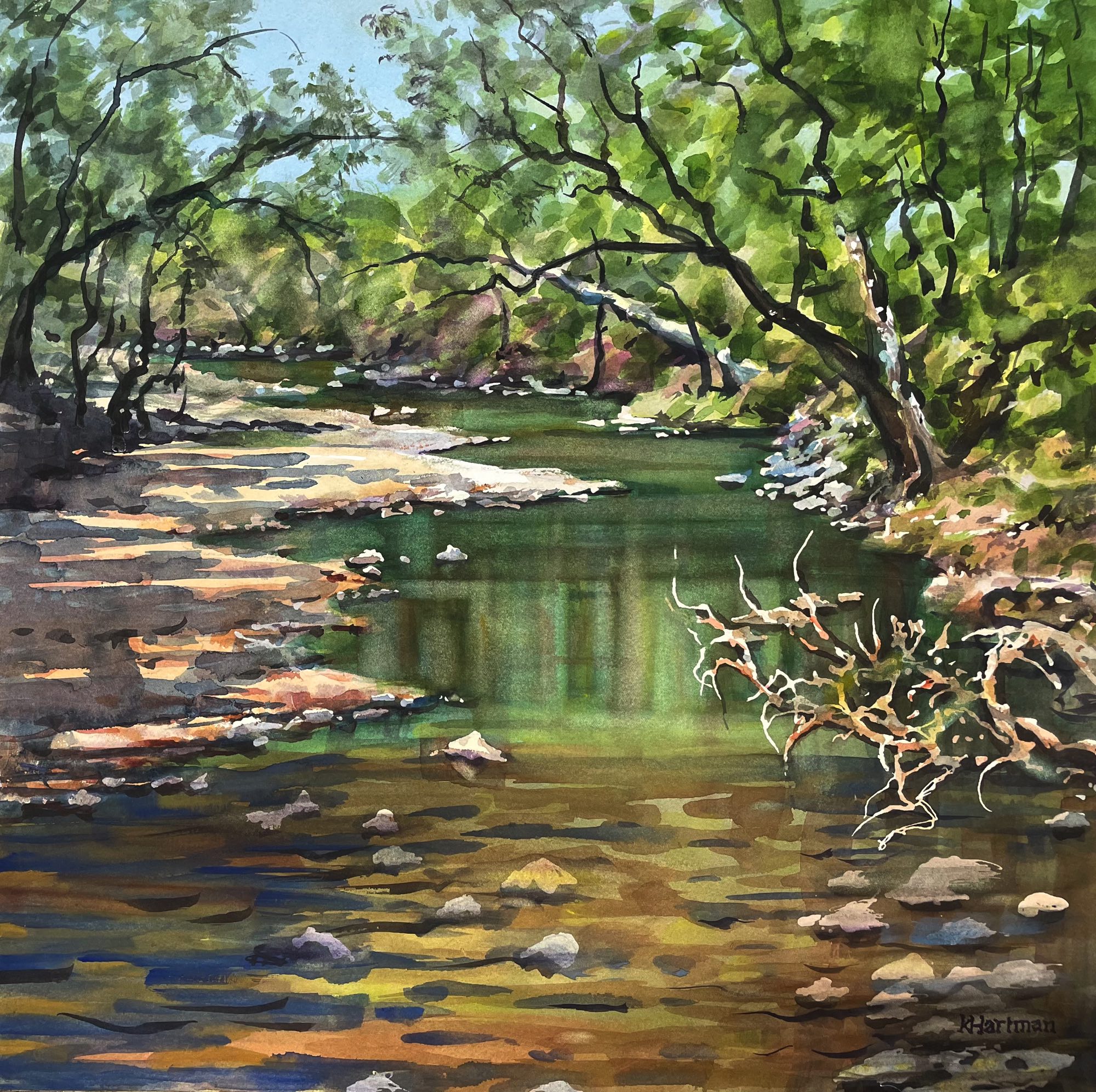 Missouri Creek, 18 x 18 inch watercolor painting by Kenneth Hartman
