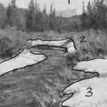 Painting composition lesson - This demo breaks down neatly into three masses, with the sky and snow forming two of them and the river and land elements combining into one abstract shape. One could think of the snow and sky as just one big mass with a dark overlay as well. (The final count is not as important as the act of seeing the shapes.)