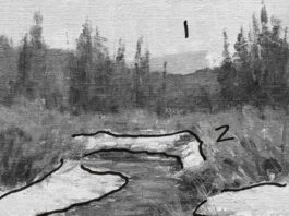 Painting composition lesson - This demo breaks down neatly into three masses, with the sky and snow forming two of them and the river and land elements combining into one abstract shape. One could think of the snow and sky as just one big mass with a dark overlay as well. (The final count is not as important as the act of seeing the shapes.)