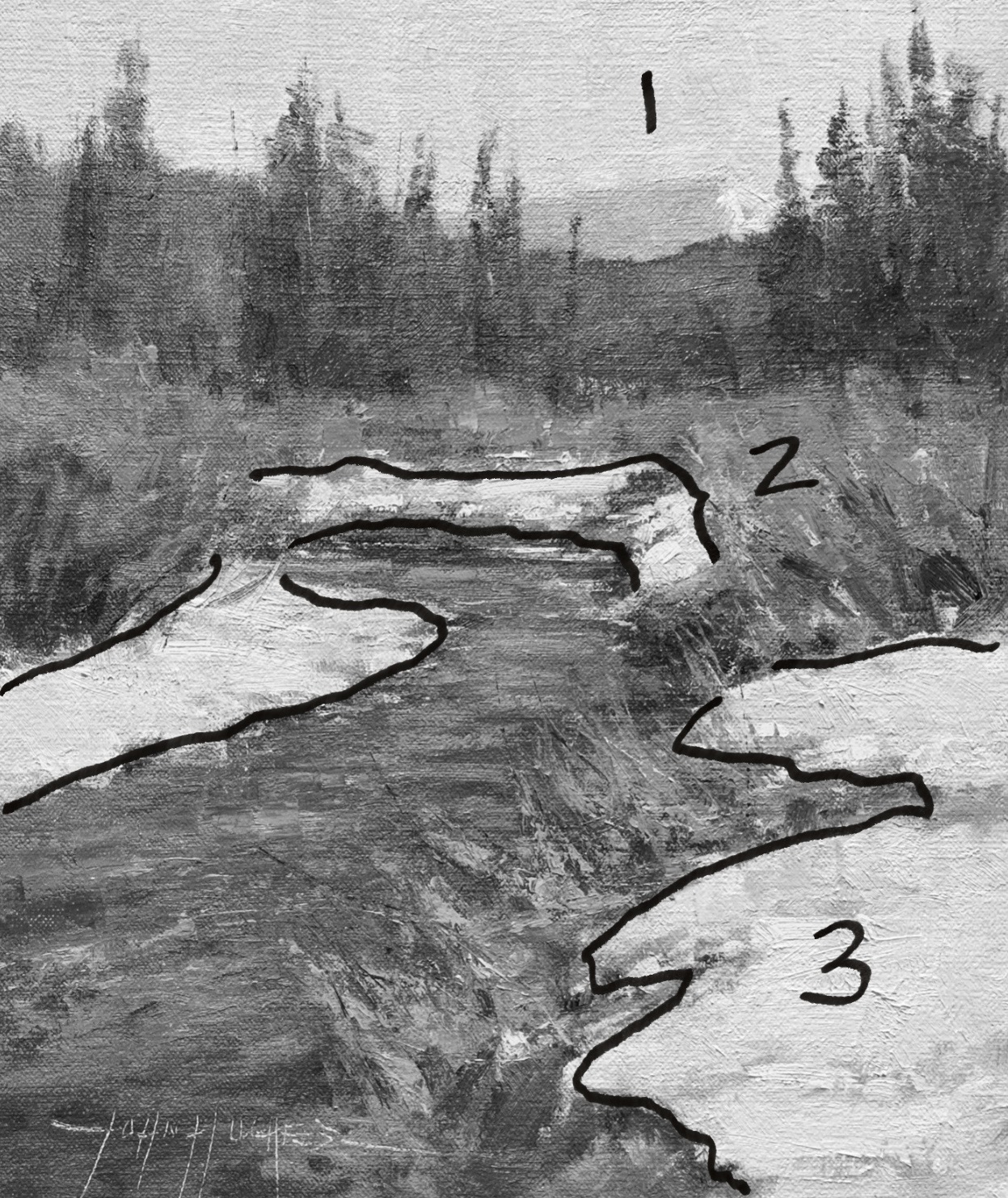 Painting composition lesson - This demo breaks down neatly into three masses, with the sky and snow forming two of them and the river and land elements combining into one abstract shape. One could think of the snow and sky as just one big mass with a dark overlay as well. (The final count is not as important as the act of seeing the shapes.)