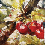 6 Ways to Develop a Distinctive Style Oil painting of cherries on a tree - Beth Bathe, "Sweet Tarts," 2024, oil, 16 x 20 in., Available at Fine Line Designs Gallery, Sister Bay, WI, Plein air
