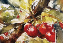 Oil painting of cherries on a tree - Beth Bathe, "Sweet Tarts," 2024, oil, 16 x 20 in., Available at Fine Line Designs Gallery, Sister Bay, WI, Plein air