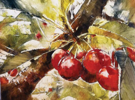 6 Ways to Develop a Distinctive Style Oil painting of cherries on a tree - Beth Bathe, "Sweet Tarts," 2024, oil, 16 x 20 in., Available at Fine Line Designs Gallery, Sister Bay, WI, Plein air