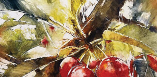 Oil painting of cherries on a tree - Beth Bathe, "Sweet Tarts," 2024, oil, 16 x 20 in., Available at Fine Line Designs Gallery, Sister Bay, WI, Plein air