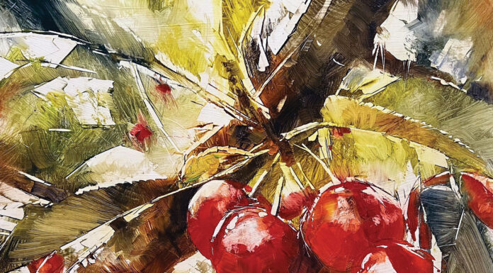6 Ways to Develop a Distinctive Style Oil painting of cherries on a tree - Beth Bathe, "Sweet Tarts," 2024, oil, 16 x 20 in., Available at Fine Line Designs Gallery, Sister Bay, WI, Plein air
