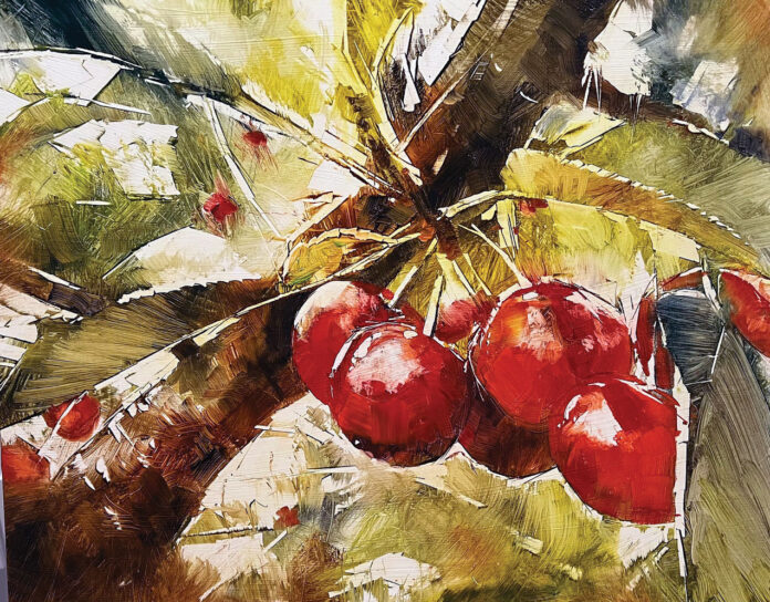 Beth Bathe, "Sweet Tarts," 2024, oil, 16 x 20 in., Available at Fine Line Designs Gallery, Sister Bay, WI, Plein air Oil painting of cherries on a tree - Beth Bathe, "Sweet Tarts," 2024, oil, 16 x 20 in., Available at Fine Line Designs Gallery, Sister Bay, WI, Plein air