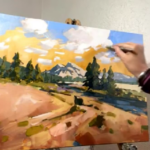 Carla Bosch demonstrates how to use brush strokes, color choices, and shape placement to create perspective and depth in landscape paintings.