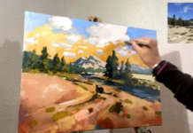 Carla Bosch demonstrates how to use brush strokes, color choices, and shape placement to create perspective and depth in landscape paintings.