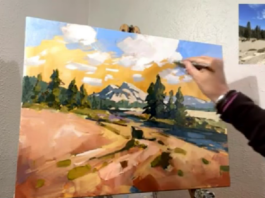 Carla Bosch demonstrates how to use brush strokes, color choices, and shape placement to create perspective and depth in landscape paintings.