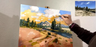 Carla Bosch demonstrates how to use brush strokes, color choices, and shape placement to create perspective and depth in landscape paintings.
