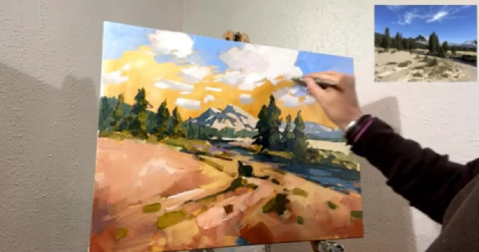 Carla Bosch demonstrates how to use brush strokes, color choices, and shape placement to create perspective and depth in landscape paintings.