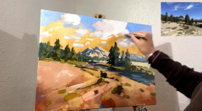 Carla Bosch demonstrates how to use brush strokes, color choices, and shape placement to create perspective and depth in landscape paintings.