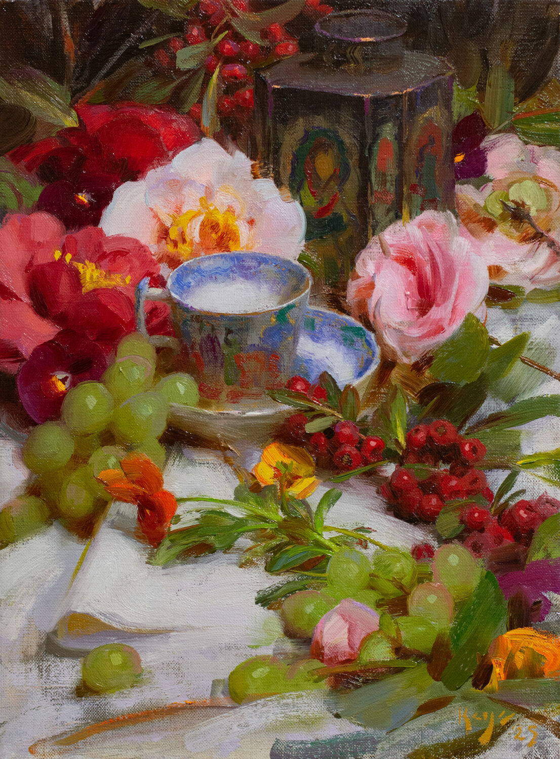 Daniel J. Keys artist, “Camellias & Antique Tea Tin,” Oil, 16×12 in.