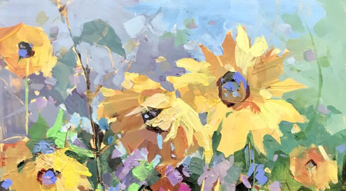 Art Snippet: Why I Love to Layer Laying with acrylics - Michele Usibelli, "Sunburst," 2020, acrylic, 12 x 9 in., Private collection, Plein air