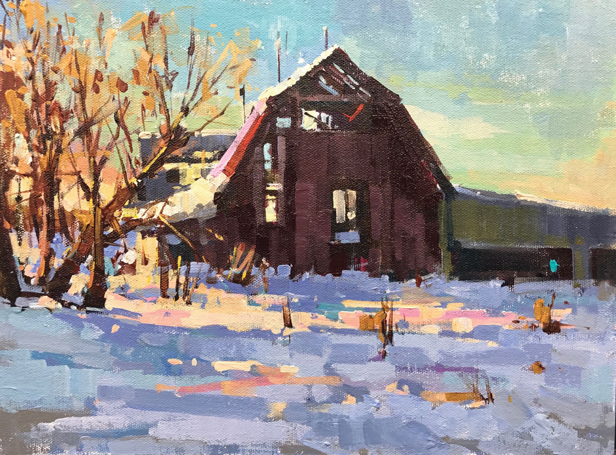 Michele Usibelli, "Winter Barn," 2019, acrylic, 9 x 12 in., private collection, plein air 