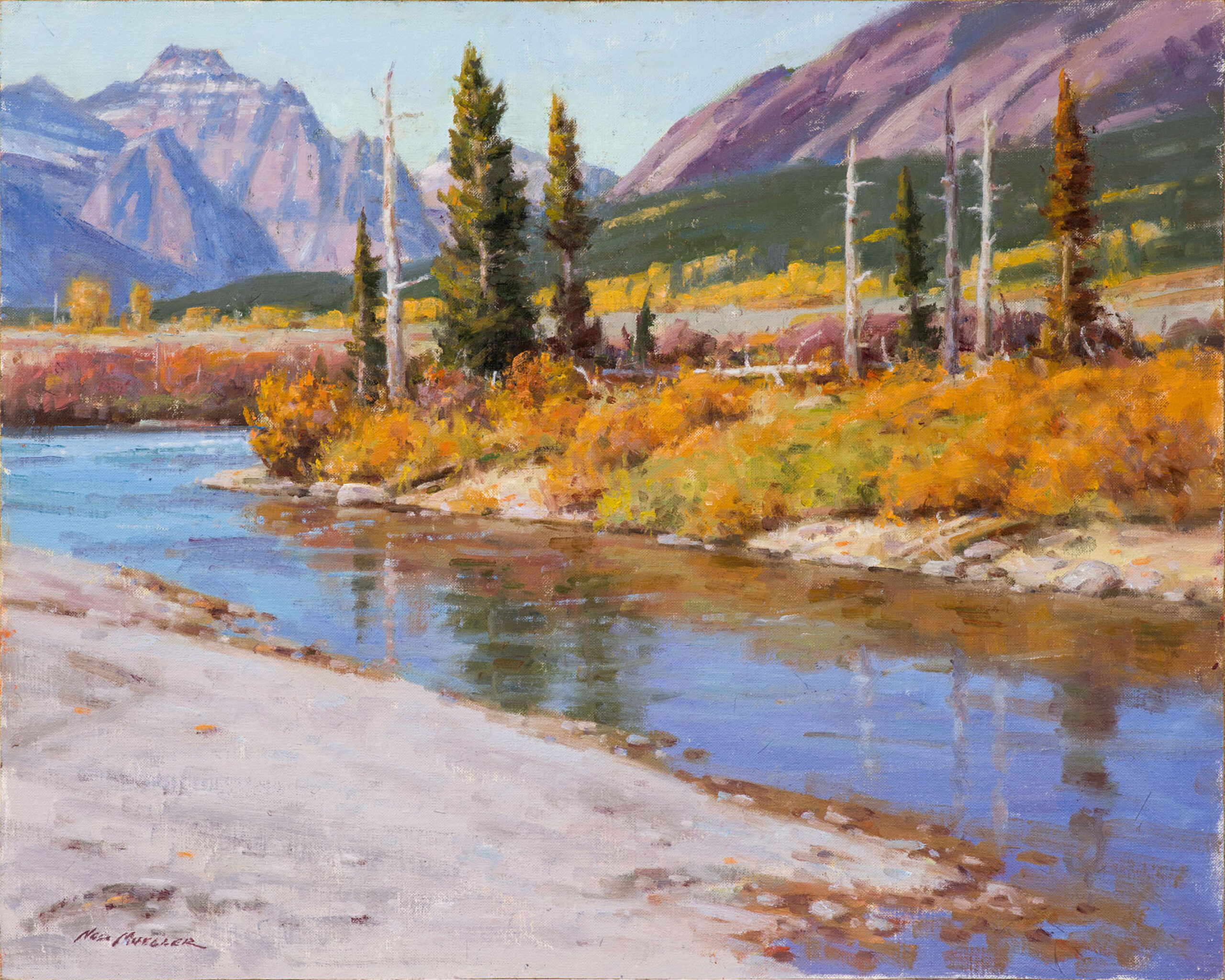 Oil painting by Ned Mueller; Glacier Park, St. Mary River in Autumn