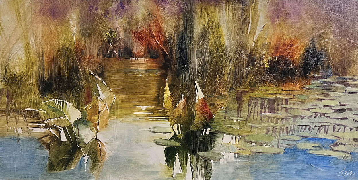 Beth Bathe, "Wetlands," 2025, oil, 12 x 24 in., private collection, plein air and studio