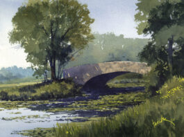 Painting Wisconsin … in Watercolor Mixing greens in watercolor - James Faecke, "Bridge at Vilas Lagoons," 2020, watercolor, 11 x 15 in., Private collection, Plein air