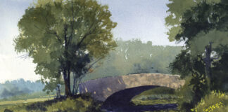 Mixing greens in watercolor - James Faecke, "Bridge at Vilas Lagoons," 2020, watercolor, 11 x 15 in., Private collection, Plein air