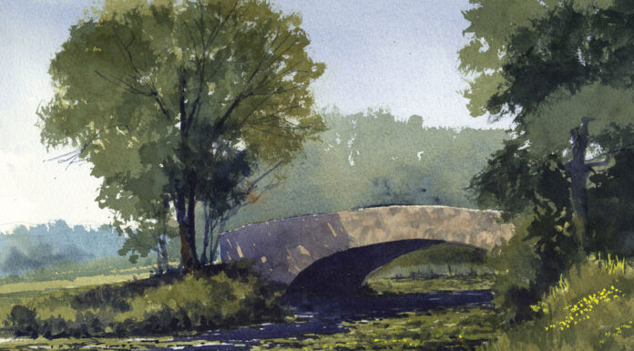 Painting Wisconsin … in Watercolor Mixing greens in watercolor - James Faecke, "Bridge at Vilas Lagoons," 2020, watercolor, 11 x 15 in., Private collection, Plein air