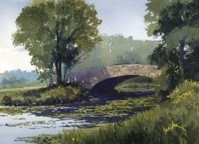 James Faecke, "Bridge at Vilas Lagoons," 2020, watercolor, 11 x 15 in., Private collection, Plein air Mixing greens in watercolor - James Faecke, "Bridge at Vilas Lagoons," 2020, watercolor, 11 x 15 in., Private collection, Plein air