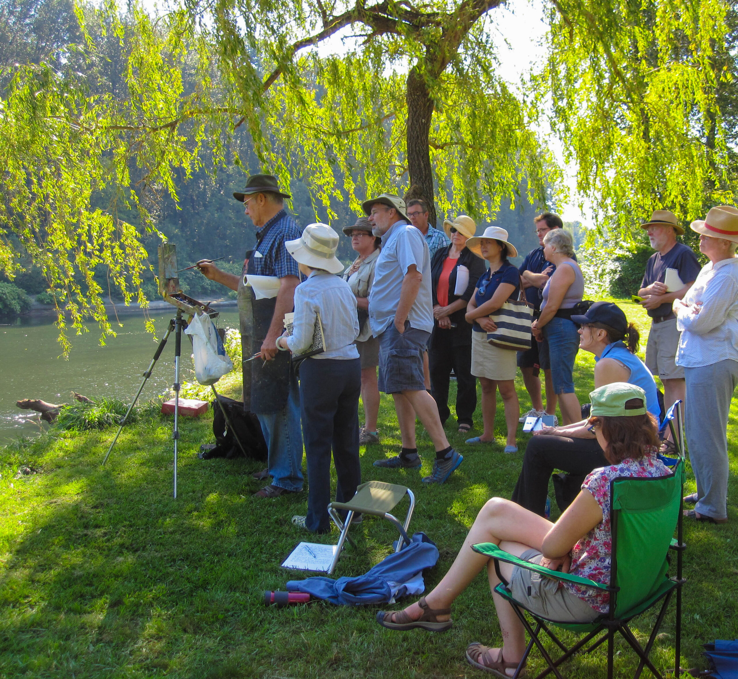 Ned Mueller sharing a plein air painting demo at Snoqualmie River, Washington