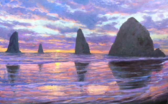 Alex Dzigurski, "Haystacks Along Cannon Beach, Oregon," oil 24 x 36 in., private collection
