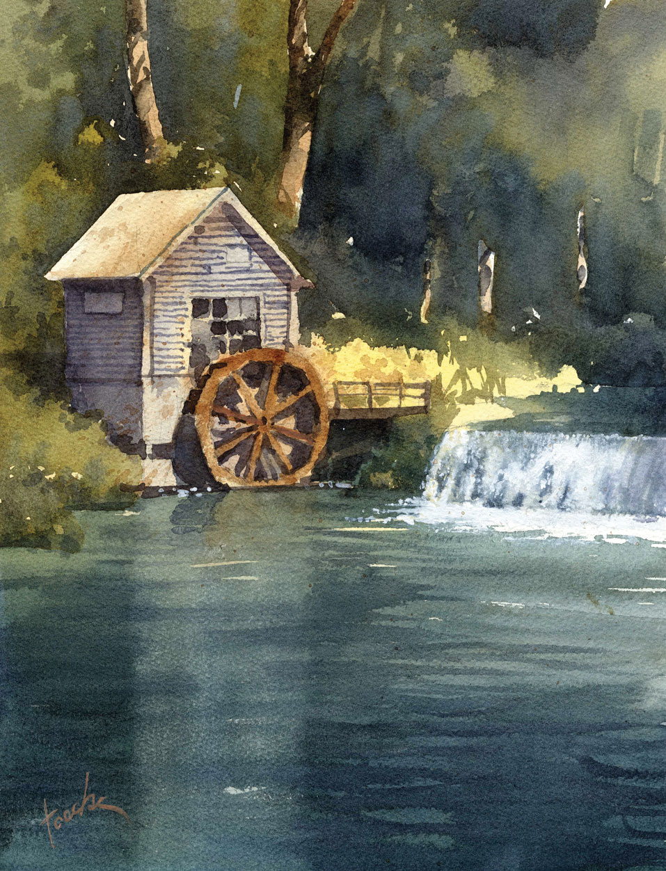 Mixing greens in watercolor - James Faecke, "Hyde’s Mill," 2024, watercolor, 12 x 9 in., Available from Woodland Studio, Stoughton, WI, Plein air