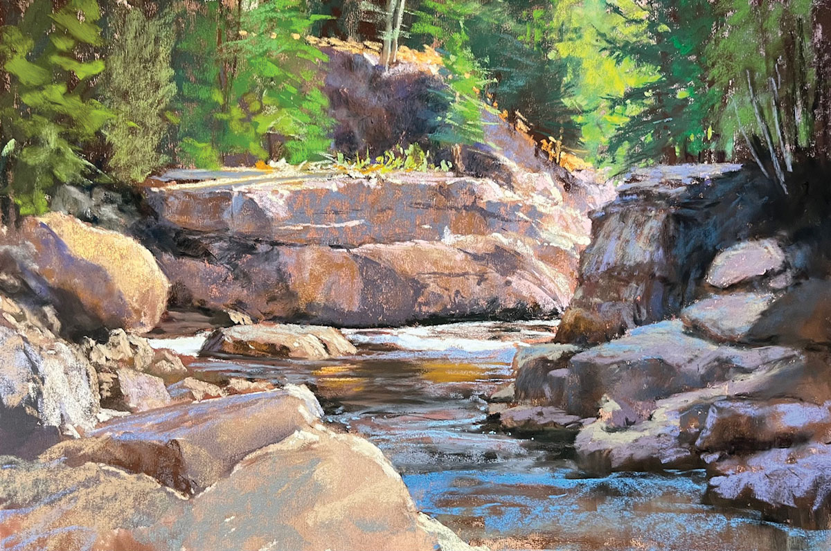Painting with pastels - Allison Krajcik, "Deep River Bend," 2024, pastel, 11 1/2 x 17 3/4 in., private collection, plein air