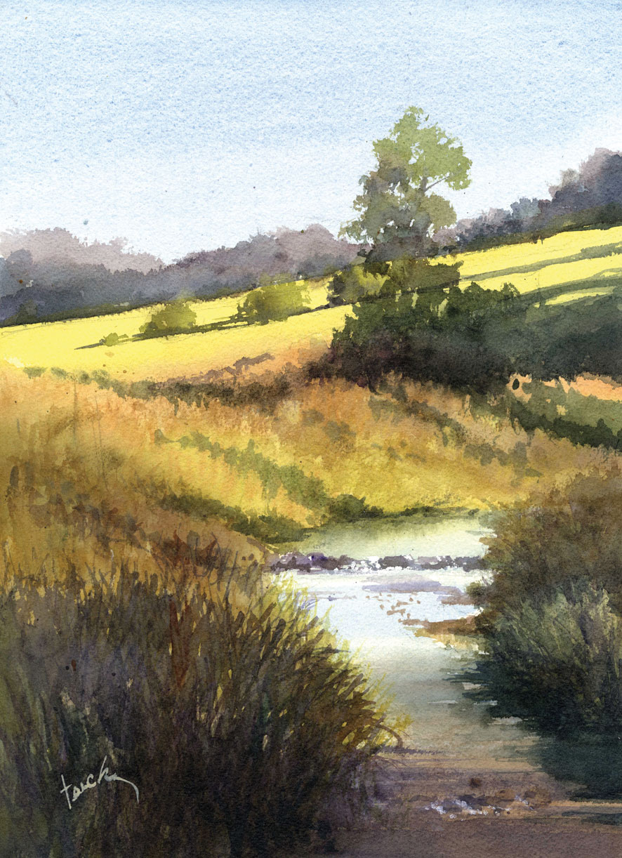 James Faecke, "Sunset on Catfish Creek," 2024, watercolor, 15 x 11 in., Available from Pink Llama Gallery, Cedarburg, WI, Plein air