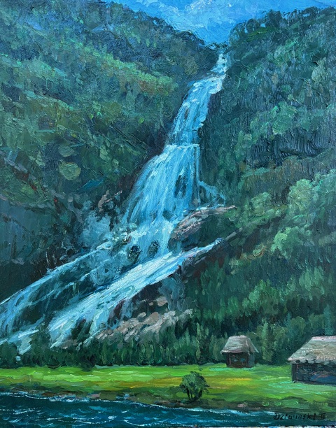 Alex Dzigurski, "Waterfall at Voss," oil, 20 x 16 in.