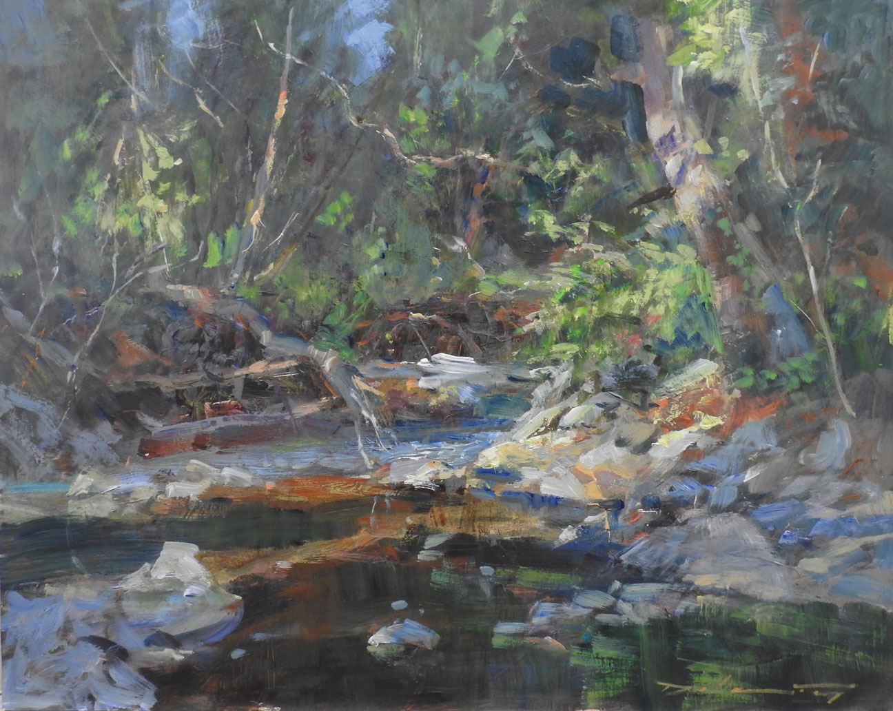 In forest landscapes, a variety of greens add interest to works such as "Eurhythmic" (acrylic, 16 x 20 in.).