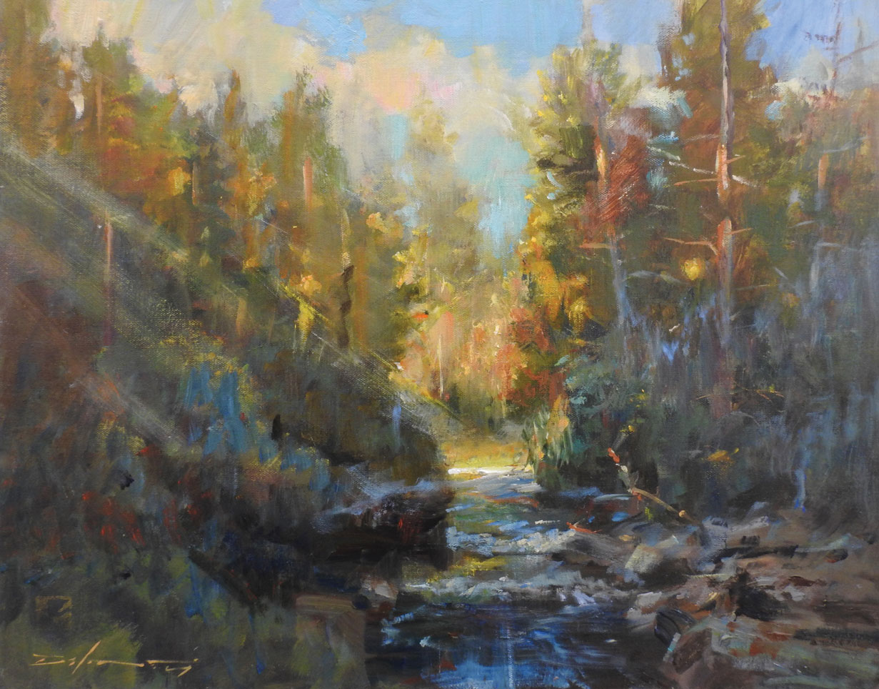 Light serves as a directional tool in a variety of ways in "Sound of Meditation" (acrylic, 16 x 20 in.).