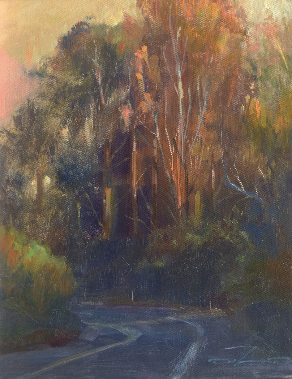 In "Backroads Twilight" (acrylic, 14 x 11 in.), I enhanced the illusion of depth bysoftening the edges in all areas other than the focal point.