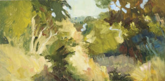 The key to dealing with a subject as complex as the forest interior depicted in "The Pond" (acrylic, 24 x 24 in.) is simplification.