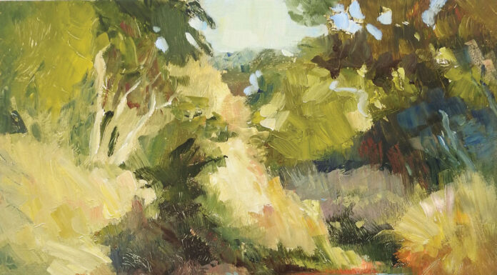 The key to dealing with a subject as complex as the forest interior depicted in "The Pond" (acrylic, 24 x 24 in.) is simplification.