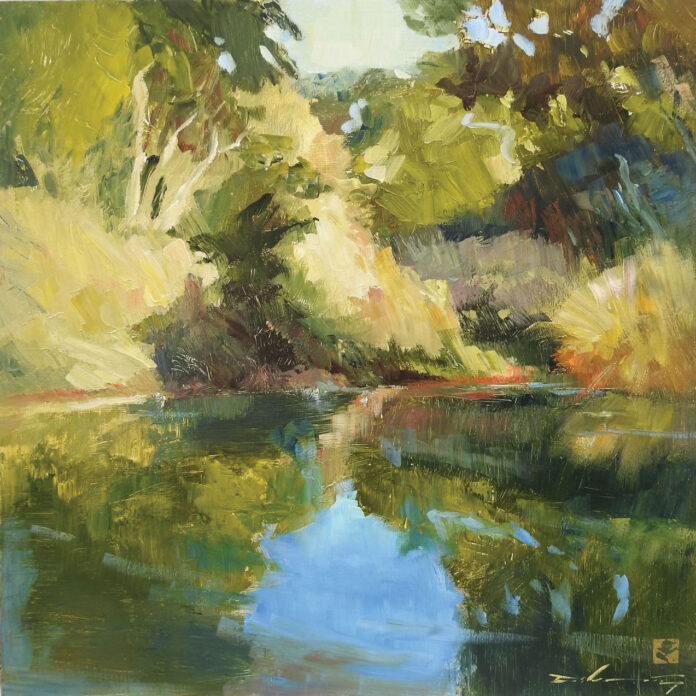 The key to dealing with a subject as complex as the forest interior depicted in "The Pond" (acrylic, 24 x 24 in.) is simplification.