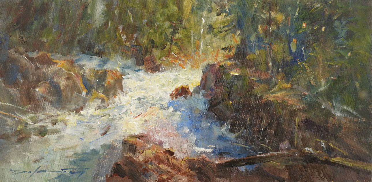 I used bold brushwork to create texture that mimics the wild, chaotic nature of the forest in "River Bend, the Animas" (acrylic, 8 x 16 in.)