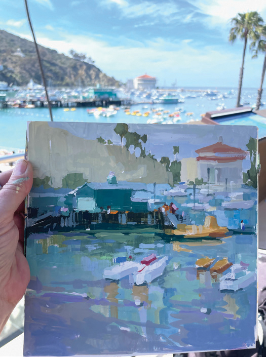 The artist’s daytime sketch of the harbor