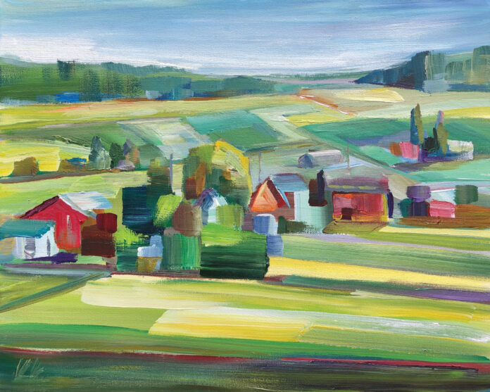 Brooke Borcherding, "Shaping the Land," 2025, acrylic, 16 x 20 in., available from artist, plein air Whidbey Island Plein Air Painting - Brooke Borcherding, "Shaping the Land," 2025, acrylic, 16 x 20 in., available from artist, plein air