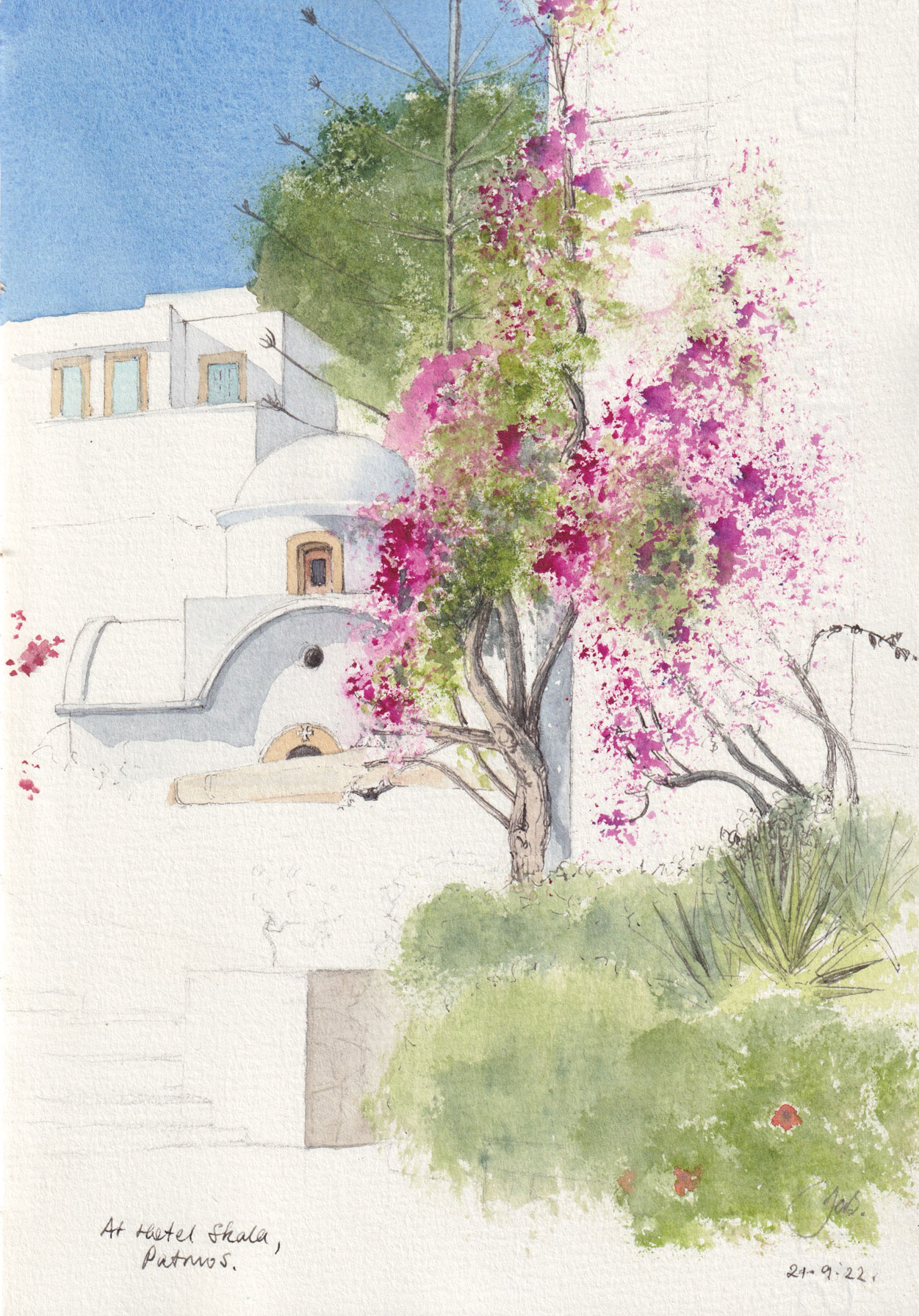 Jane Blundell, "At Hotel Skala, Patmos," pen and watercolor, The Perfect Sketchbook B5 (original 2000gsm Fabriano Artistico cold-pressed paper)