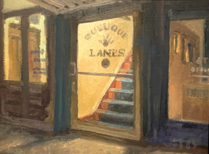 John Paul Marcelo, "Dubuque Lanes," 2023, oil, 9 x 12 in., available from artist, plein air painting