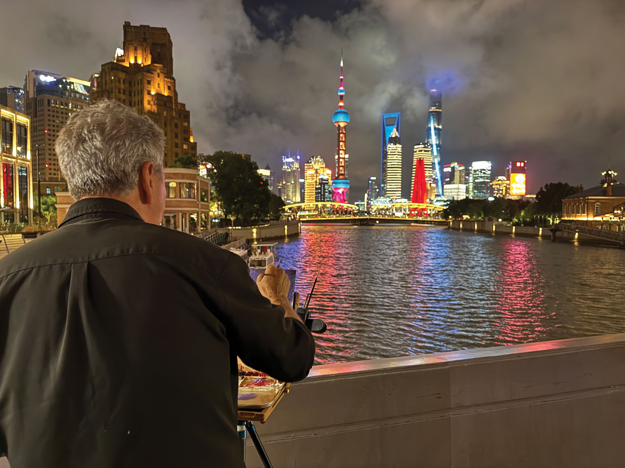 I painted a farewell nocturne in Shanghai on the final night of my China sojourn.