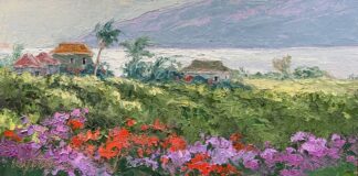 Erin Dertner, "Island Glistening," oil, 8 x 16 in.