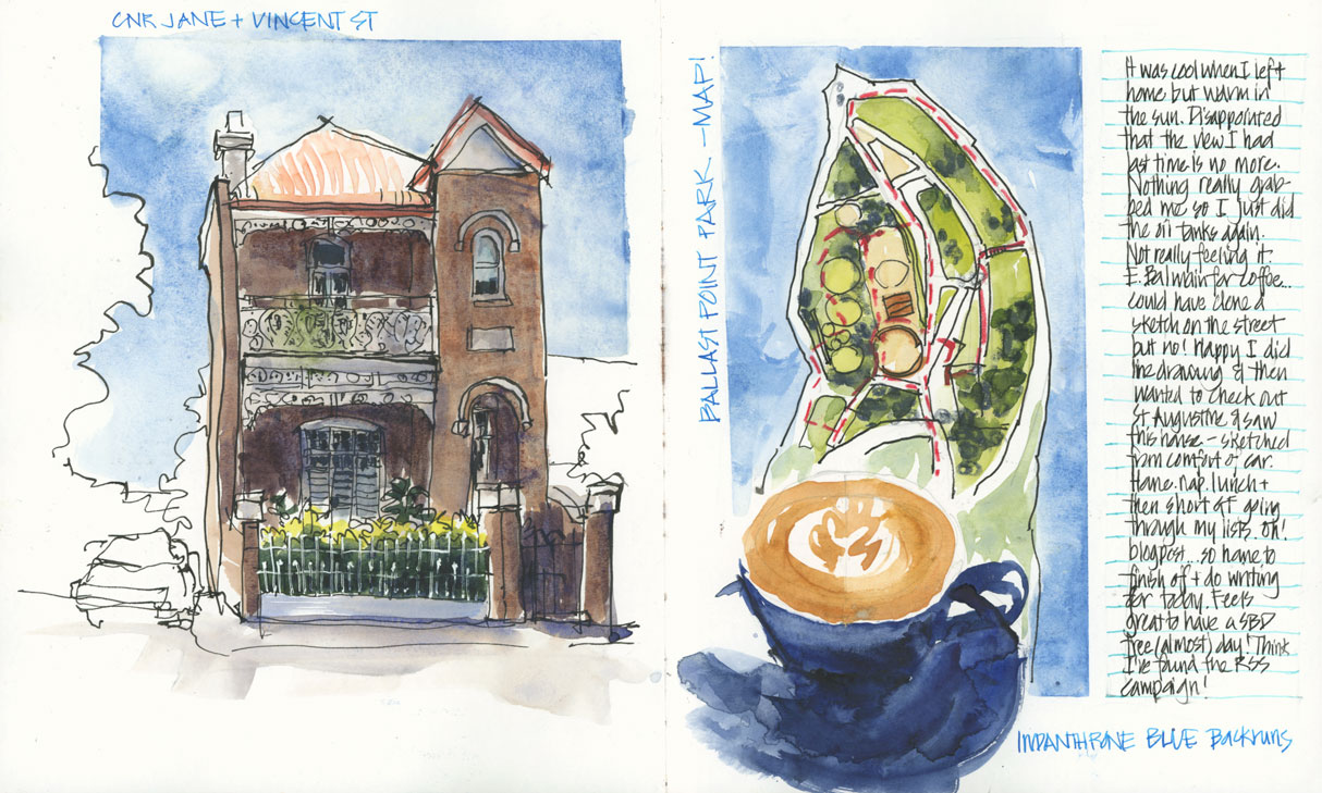 Urban Sketching for Beginners - Liz Steel, "Balmain House and Map, Sydney, Australia," ink and watercolor, 8 x 10-inch Stillman and Birn Alpha sketchbook
