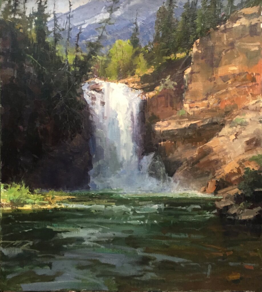 Landscape painting value techniques - Kathryn Stats, “Running Eagle Falls,” 2022, oil on linen panel, 30 x 24 in.