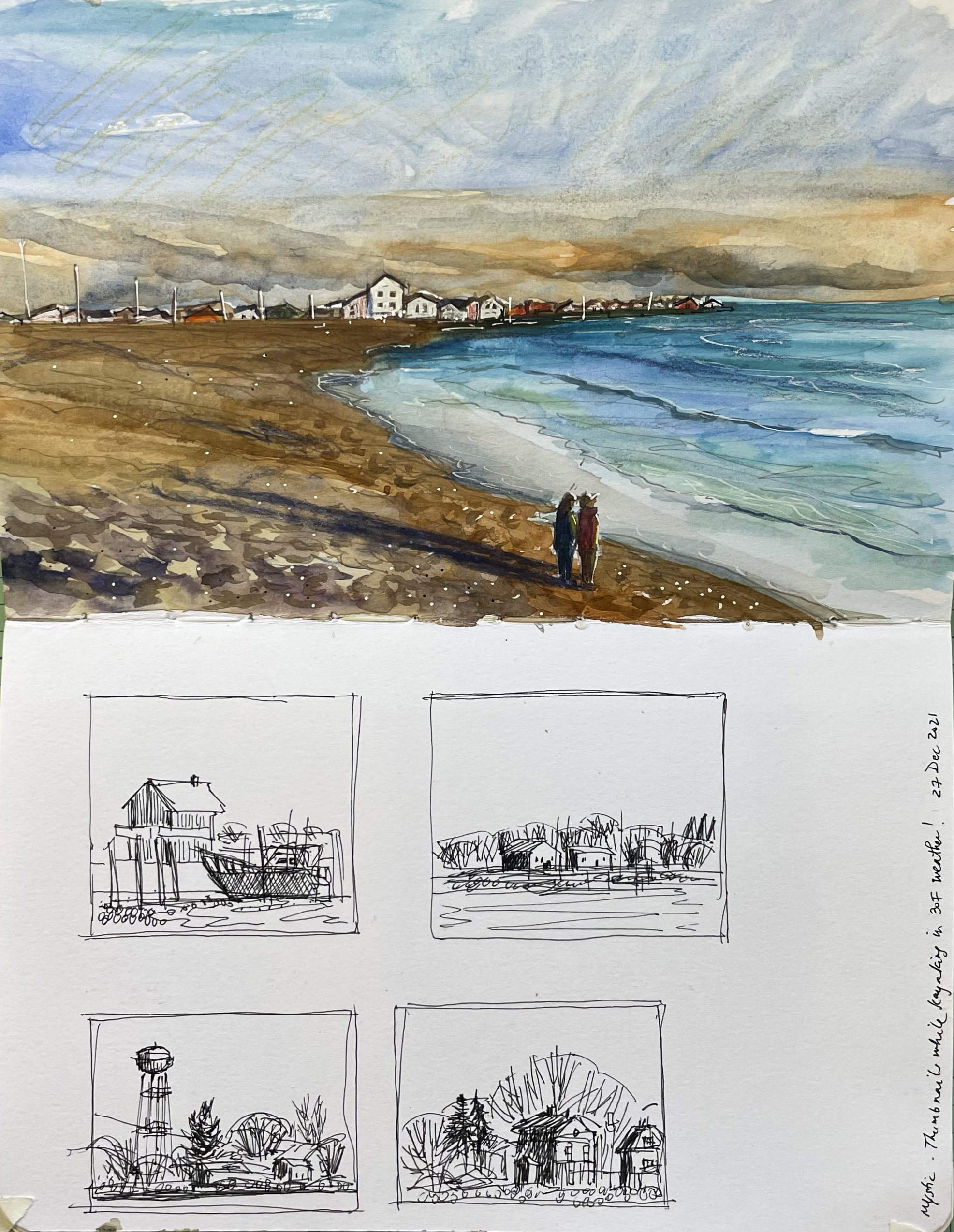 Urban sketching for beginners - Suma CM, "Misquamicut Beach, RI, and Mystic, CT," mixed media, sketchbook
