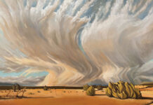 Southwestern art - Natasha Isenhour, "Two Worlds Collide: Bearing Witness," 2025, oil, 36 x 60 in., Private collection, Studio from plein air studies