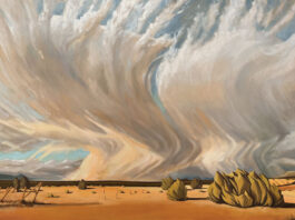 Southwestern art - Natasha Isenhour, "Two Worlds Collide: Bearing Witness," 2025, oil, 36 x 60 in., Private collection, Studio from plein air studies